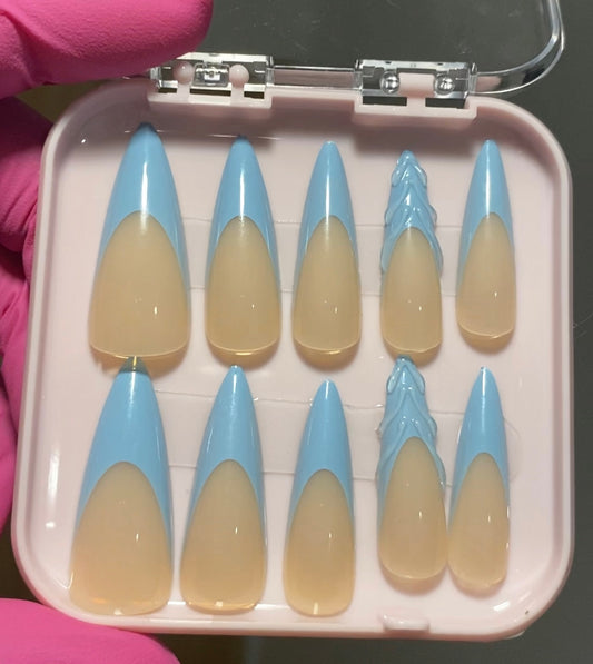 Single 3D Blue French Tip Press On Set